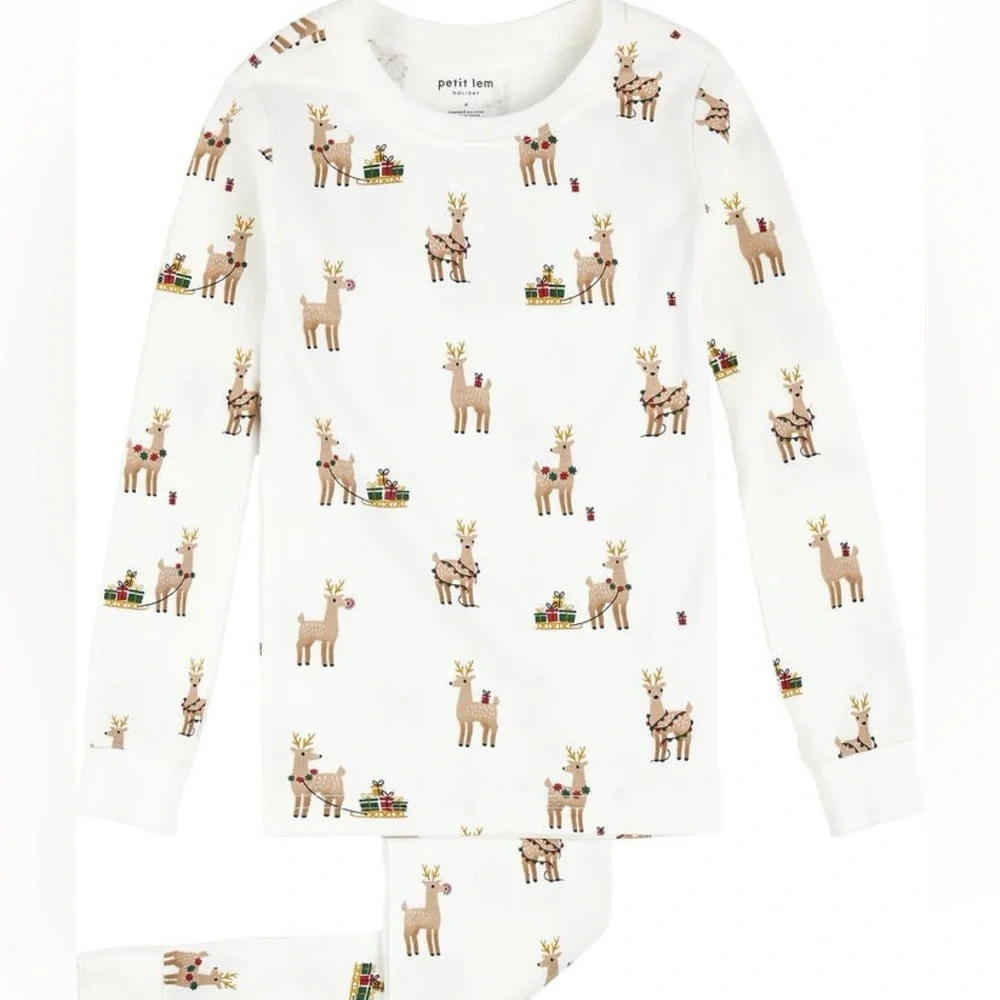 Petit Lem Reindeer Print Holiday Pajama Set NWT